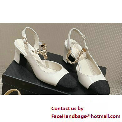 Chanel Heel 6.5cm Chain Lambskin Grosgrain & Metal Pumps Slingbacks G45092 White/Black 2023